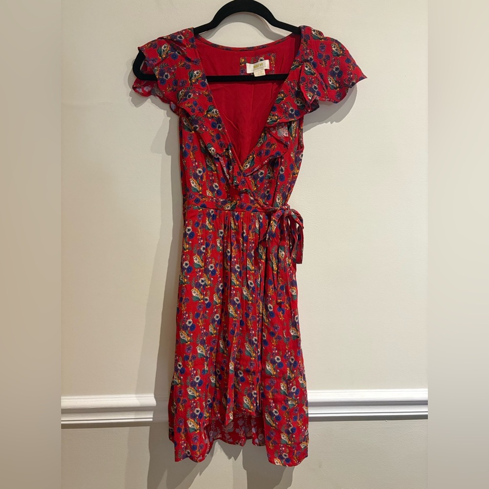 Anthropologie Maeve Rosalia Red Floral Faux Wrap Ruffle Dress - Size 0 - Picture 6 of 10